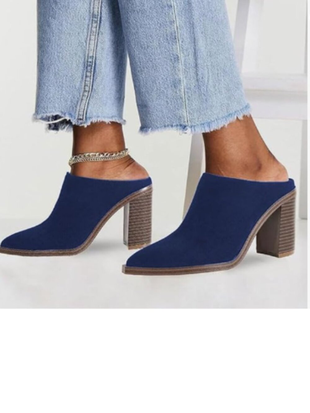 FOWT Navy Pointed Toe Slip On Mules Stacked Block High Heel Sandal Proms Shoes